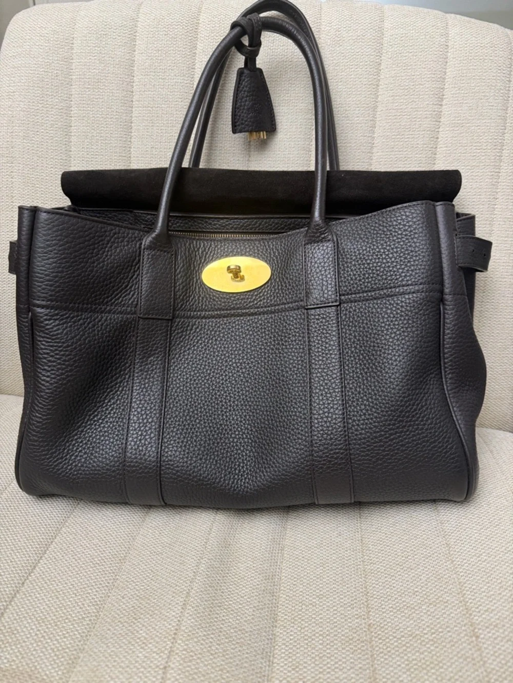 Black Leather Men's Tote Bag with Gold Hardware